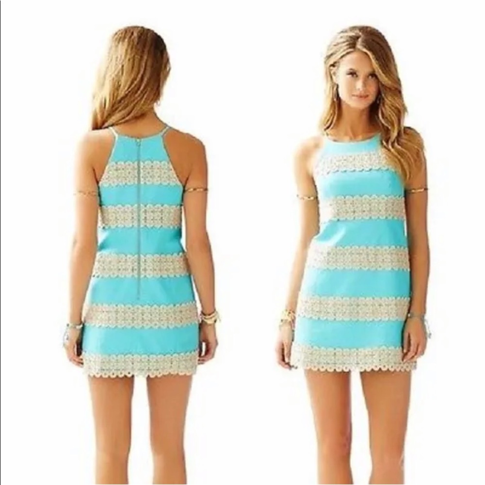 Lilly Pulitzer Annabelle SHIFT DRESS Shorely Turquoise Gold Lace Stripe size 00
